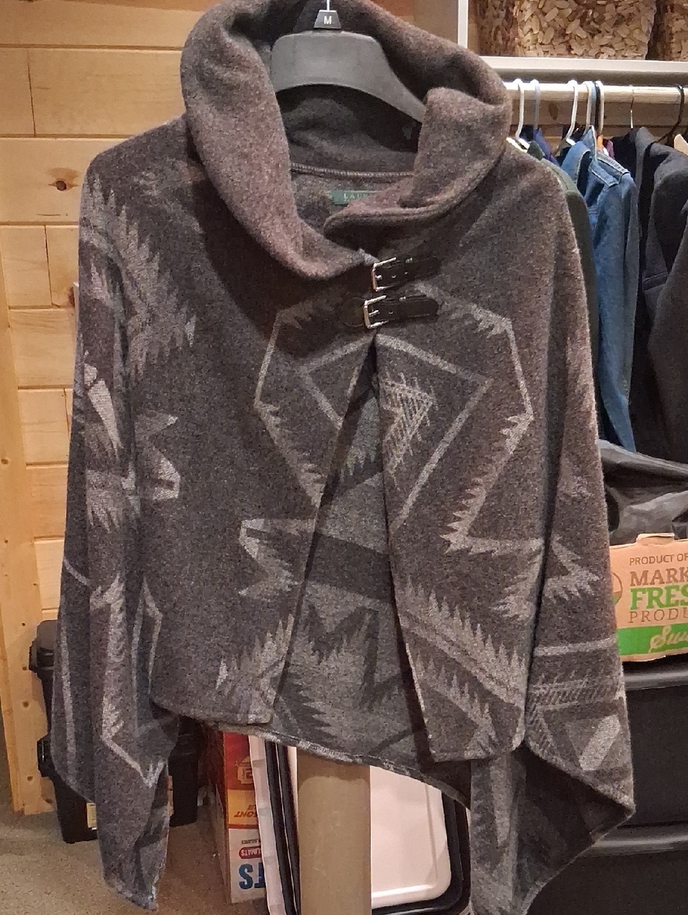 Ralph Lauren Gray Aztec Buckle-Front Poncho